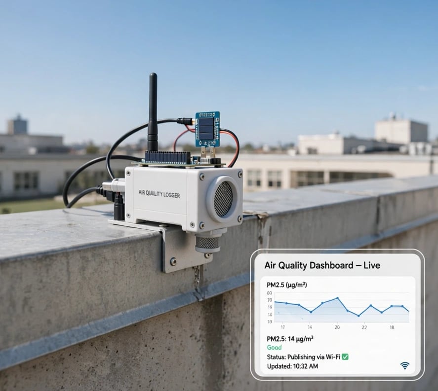 A weatherproof particulate logger with a Wi-Fi antenna clamped to a rooftop parapet, its live PM2.5 dashboard inset beside it.