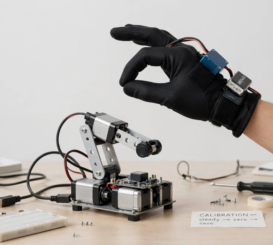A gloved hand wearing a wrist-strapped accelerometer, pinching above the aluminium servo arm it drives on the bench below.
