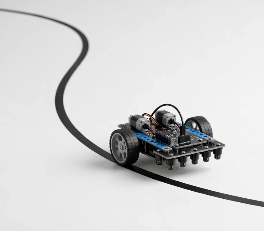 A small two-motor rover with a row of reflectance sensors, tracking a curved black line across a white surface.