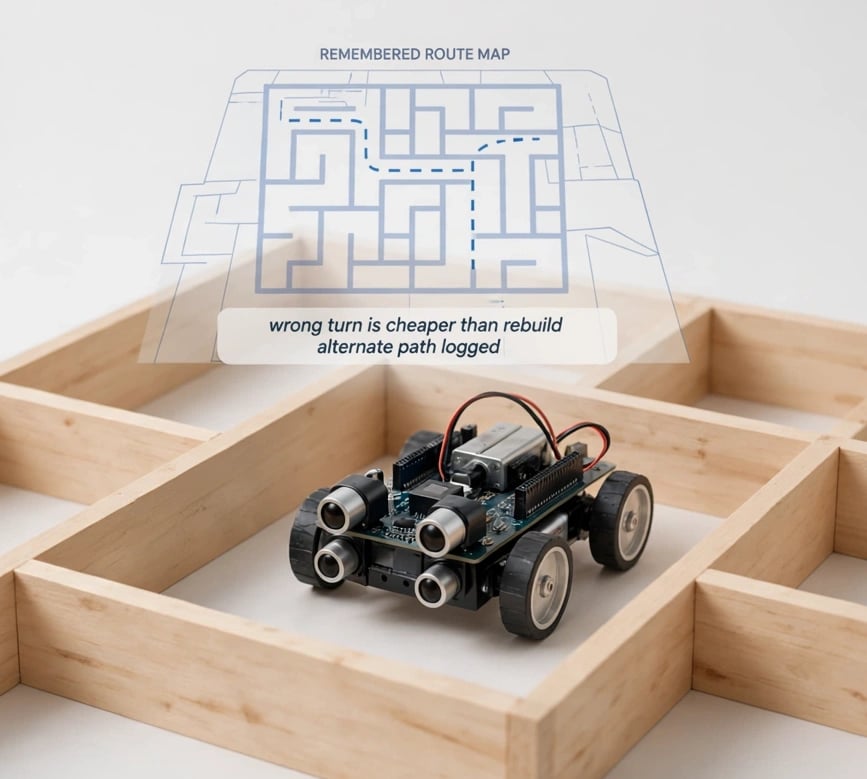 A four-wheel robot ringed with ultrasonic sensors inside a plywood maze, with its remembered route traced on a map above.