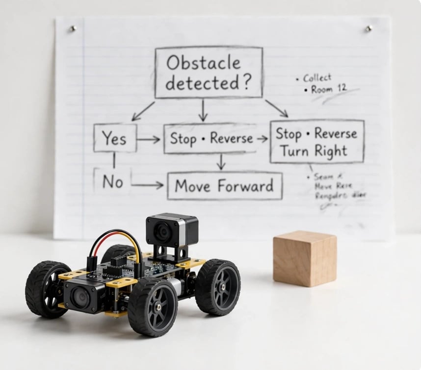A four-wheel buggy with an ultrasonic sensor facing a wooden block, in front of a hand-drawn decision-tree flowchart.