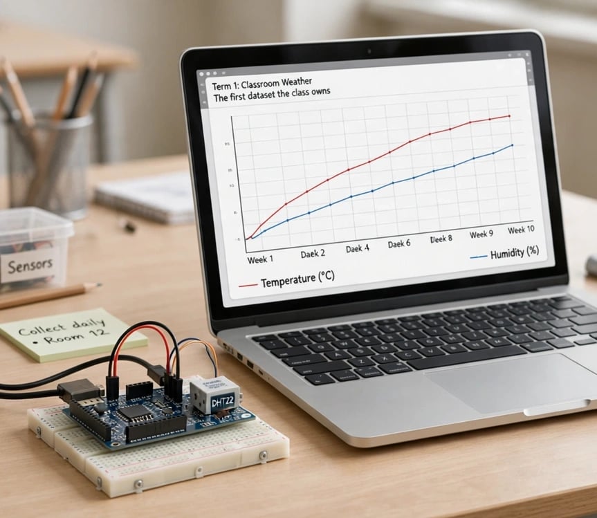 A breadboarded microcontroller with a DHT22 sensor beside a laptop plotting a term of temperature and humidity readings.