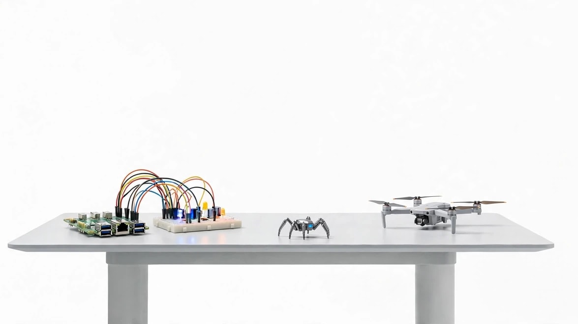 A white studio bench with a laptop, a camera drone, and five hexapod robots arranged around it.