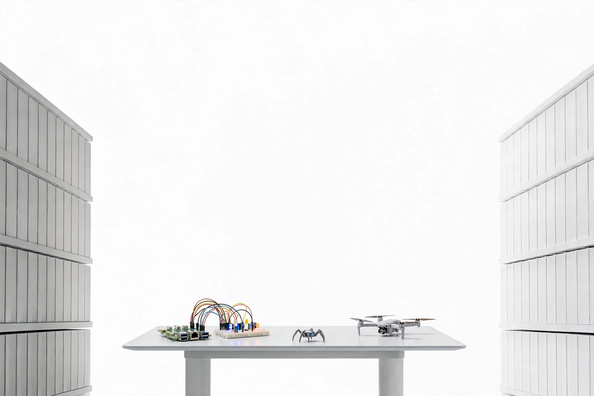 A white studio bench with a laptop, a camera drone, and five hexapod robots arranged around it.